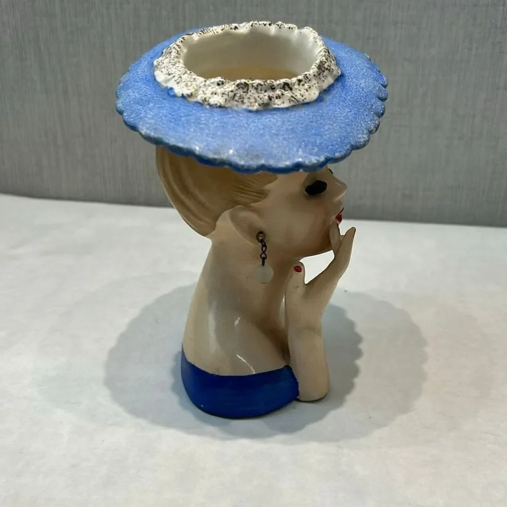 Vtg 50s Napco Glamour Girl Lady Head Vase 1958 Blue Hat Hand Up Eyelashes C3307A